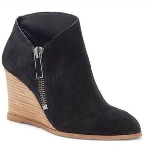 1. State Kaleb Black Suede Leather Wood Stacked Wedge Pointed Toe Booties